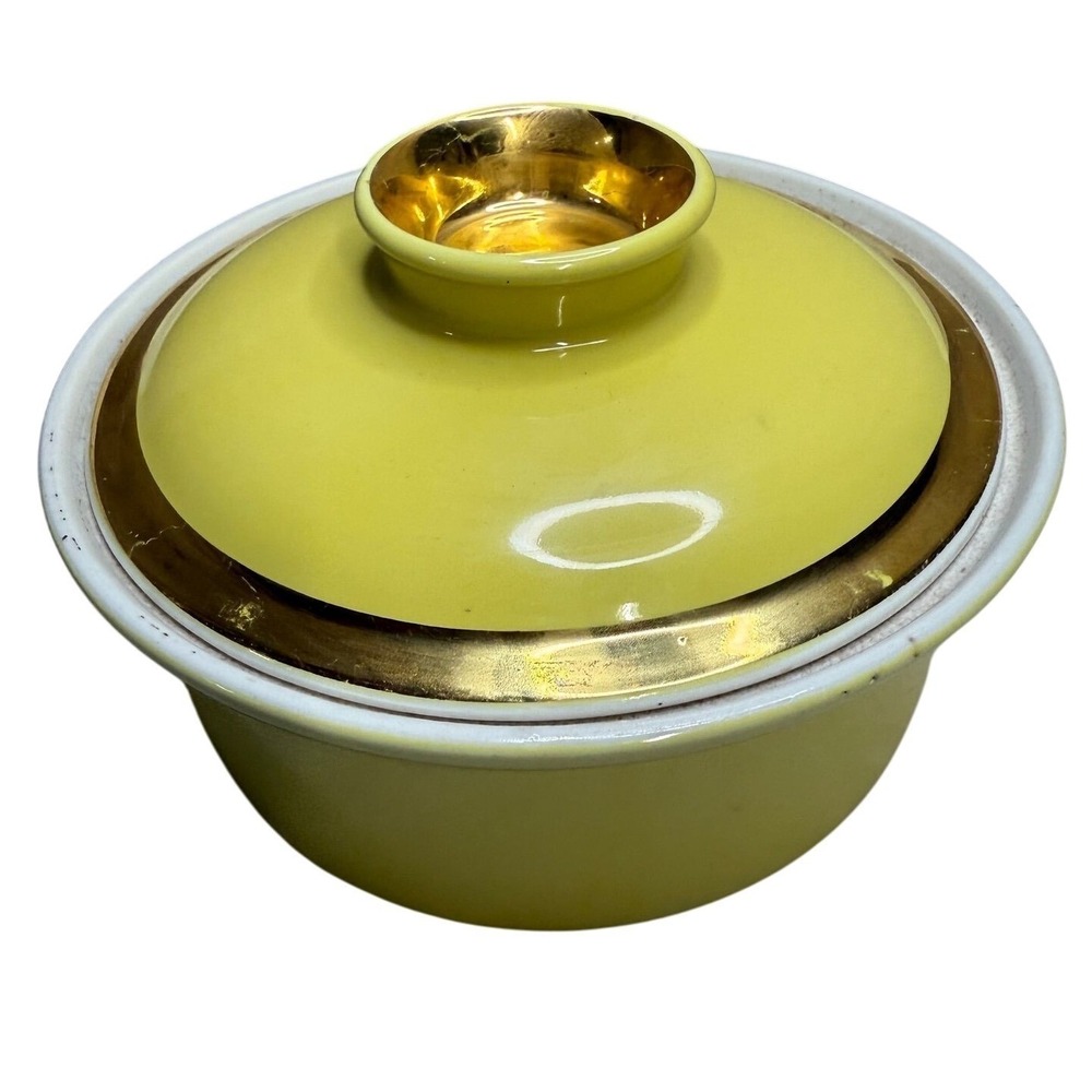 Vintage Mid Century Yellow Ceramic Covered Casserole Dish Gold Trim MCM Lidded